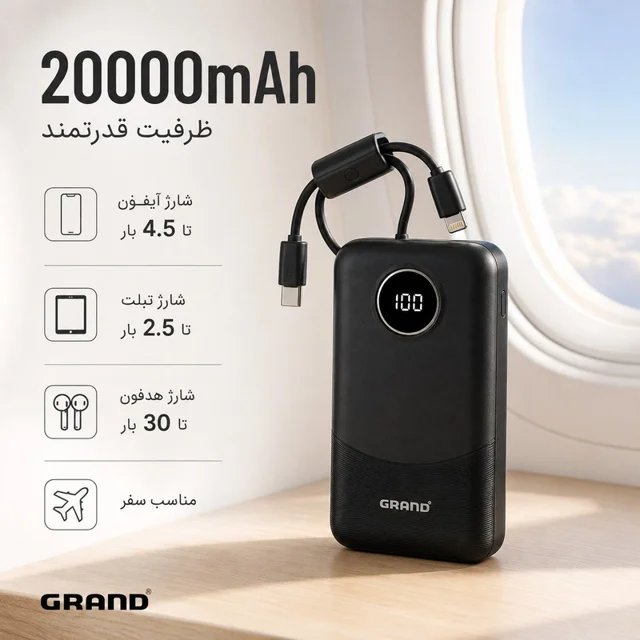پاوربانک 22.5 وات گرند اسکای مدل GP - 216 با ظرفیت 20000 میلی‌آمپرساعت به همراه 2 کابل USB 102864134