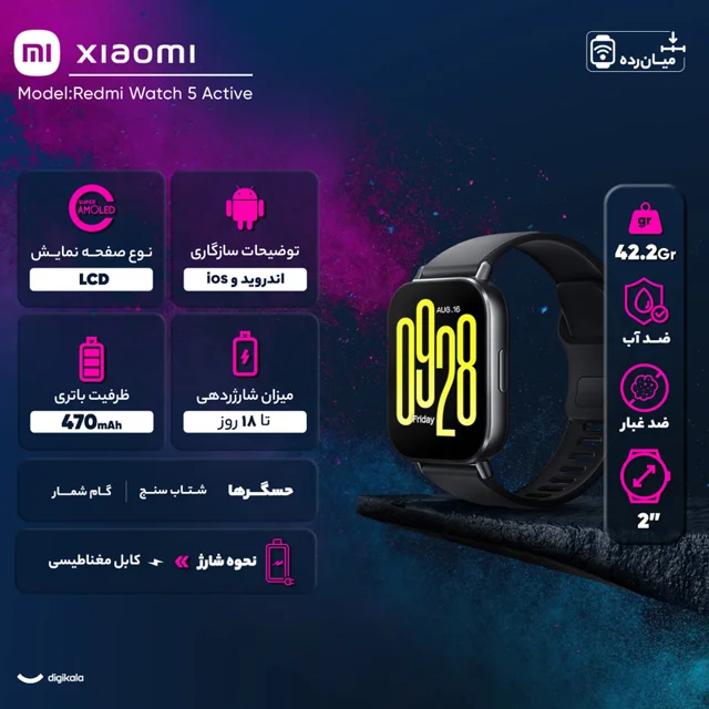 ساعت هوشمند شیائومی مدل Redmi Watch 5 Active - Global دارای قابلیت های قابلیت مکالمه از طر 101727021